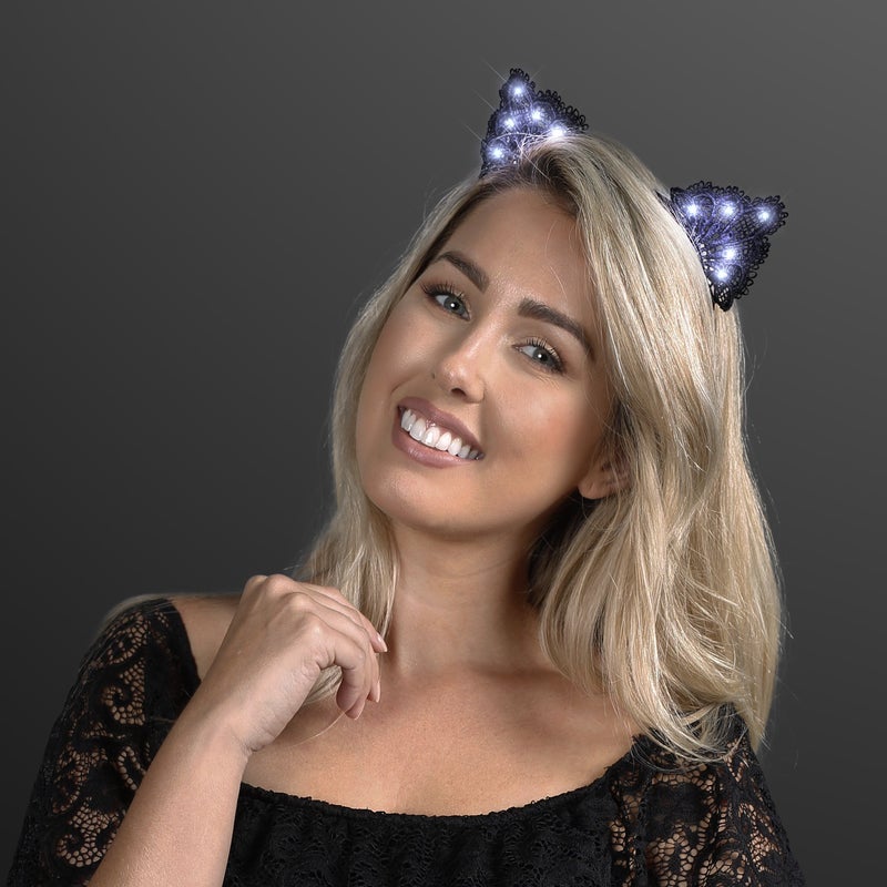 FlashingBlinkyLights Black Lace Light Up Kitty Cat Ears Headband with White LEDs - Image 3